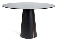 a round table with a black base and gold stripe around the edge, against a white background