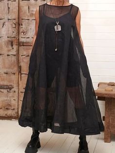 A-Line Loose Pockets See-Through Solid Color Round-Neck Cover-Up Midi Dresses Long Tutu, Cotton Slip, Advanced Style, Total Black, Dress Cover, Fashion Seasons, Cover Up Dress, Mode Inspiration, Black Midi Dress