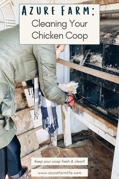 a woman cleaning her chicken coop with the words, azure farm cleaning your chicken coop keep your coop fresh and clean