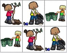 four pictures showing different stages of planting and using them to help students learn how to plant trees