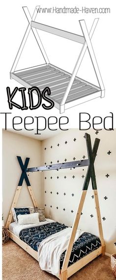 kids'teepee bed made out of wood and metal