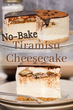 no - bake trramist cheesecake on a plate with the rest of the cake in the background