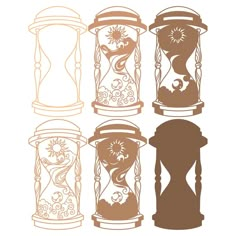 four hourglasses with different designs on them, one is brown and the other is white