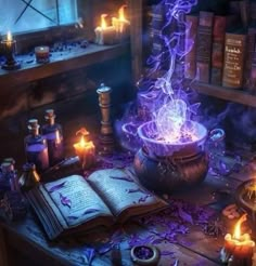 a witch's altar with candles, books and an open book on the table