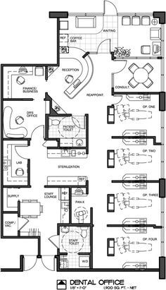 the dental office floor plan is shown in black and white, with three separate rooms