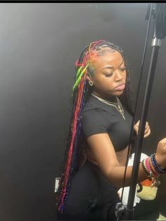 Color 27 Braids Black Women, Short Braids With Color, Braids With Big Forehead, Green And Pink Braids, Blonde With Rainbow Highlights, Braid Color Combos For Dark Skin, Purple Braids Hairstyles, Color Wig Ideas, Quick Weave Hairstyles With Braids