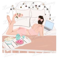 a woman laying in bed with her feet up on the tray next to a laptop