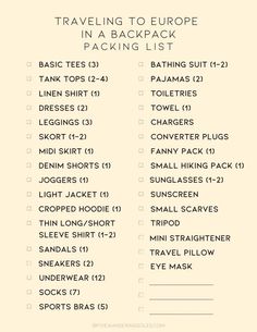 travel packing checklist with the words traveling to europe in black and white on it