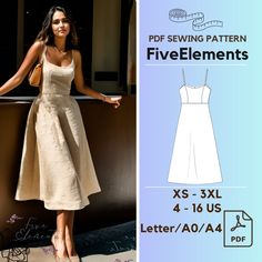 a woman in a white dress standing next to a wall with the text, sewing pattern five