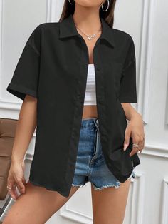 Casual Loose-Fitting Drop-Shoulder Short-Sleeved Shirt In Solid Color For Spring And Summer Black Casual  Short Sleeve Woven Fabric Plain Shirt Non-Stretch  Women Clothing, size features are:Bust: ,Length: ,Sleeve Length: