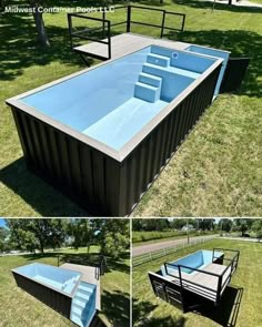 an empty pool in the middle of some grass