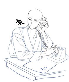 a drawing of a person sitting at a desk talking on a phone