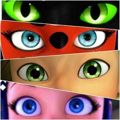 four different colored eyes are shown in this image