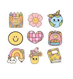 some cute stickers that are on a white surface and one has a rainbow, heart, flower, cat, bird, dog