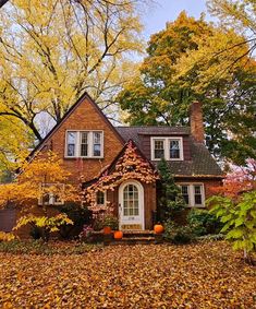 a house surrounded by fall leaves and trees