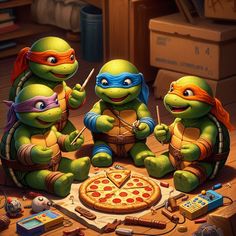 three teenaged turtles sitting on the floor with pizza and pencils in front of them