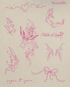 some pink ink drawings on white paper with hearts and flowers in the middle one has a small fairy sitting on it's back