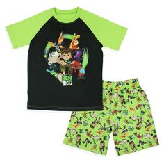 Ben uses the power of Omnitrix to help others and stop bad guys, but there is no reason not to have a super-powered prank from time to time! This Ben 10 pajama sleep set-top features the iconic character known as Ben 10 with his classic Omnitrix around his wrist with some of his alien forms behind him. Some of these iconic alien forms include Cannonbolt, Heatblast, XLR8, Four Arms, and many more! The bottoms feature a tossed print of the same icons. Size: 10-12.  Color: Multicolor.  Gender: male Incredible Hulk Costume, Pajama Set Shorts, Hulk Costume, Girls Robes, Four Arms, Halloween Long Sleeve, Disney Boys, Cotton Sleepwear, Bad Guys