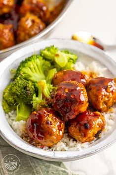 meatballs, broccoli and rice in a bowl