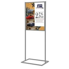 a metal sign with an advertisement for shoes on it's display stand in front of a