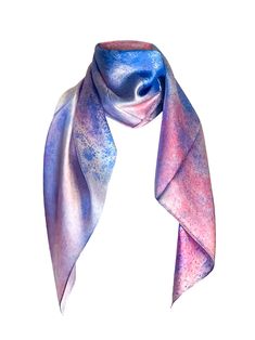 With a soft gradient of pinks, blues, and purples, this dreamy double-sided silk scarf drapes a serene twilight sky around your shoulders. The decadent softness of our 14 momme silk satin scarf feels delicate and buttery on your skin, making it an exquisite accessory for special occasions. 14 momme silk is lightweight but opaque providing an airy yet warm drape that's ideal for both day and night events. Its double-sided print and ample 90 cm x 90 cm size ensure endless styling options, allowing you to wear it around your neck or shoulders. Finished with hand-rolled edges, our handmade silk scarf makes a timelessly elegant addition to your wardrobe. Details: - 14 Momme silk satin - Double-sided print; reversible design - Hand-rolled edges - Size: 90x90cm Care Instructions: Our scarves are Purple Silk Scarf, Soft Gradient, Twilight Sky, Satin Scarf, Purple Silk, Day And Night, Silk Satin, Pure Silk, Silk Scarf