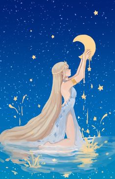 a painting of a woman sitting in the water holding a moon and stars above her head