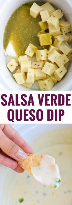 salsa verde queso dip in a white bowl with tortilla chips