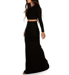 Black Polished Two Piece Long Dress Two Piece Long Dress, Black Two Piece, Sleeve Gown, Long Sleeve Gown, Pretty Prom Dresses, Gowns With Sleeves, Comfy Fashion, Dressy Tops, Low Iron