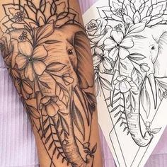 an elephant and flowers tattoo on the leg, next to a coloring book with pictures