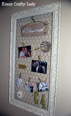 a white frame with pictures and magnets on it that says kreazy crafty lady