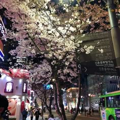 people are walking down the street in front of cherry blossom trees and buildings at night