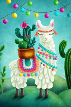 a painting of a llama holding a potted cactus