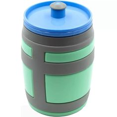 a green and gray container with a blue lid