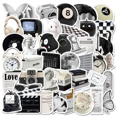 an assortment of stickers with various things in them including clocks, books, and other items