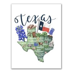 the state of texas is shown in watercolor and ink