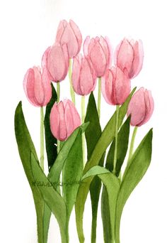 a painting of pink tulips with green leaves