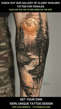 a man's leg with an image of a forest on it and the words get your own 100 % unique tattoo design visit our website