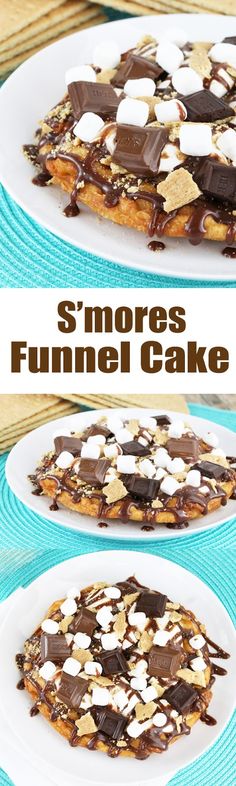 s'mores funnel cake on a plate with chocolate and marshmallows