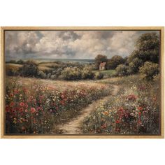 an oil painting on canvas of a country road with wildflowers in the foreground