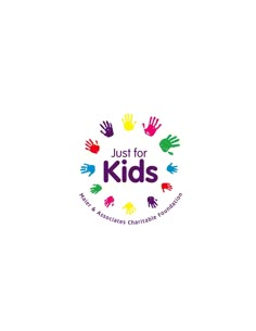 the logo for just for kids, which features colorful hand prints and words on it