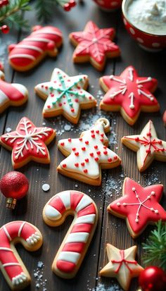 decorated cookies on a wooden table with christmas decorations