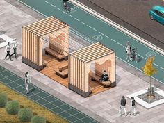 an aerial view of people walking and riding bikes on a city street with a wooden structure in the middle