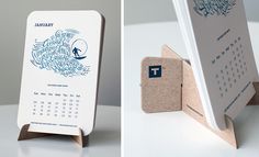 two different pictures of a calendar on a stand and another photo of a card holder