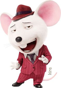 a cartoon rat in a suit and hat with one hand out to the side, wearing a top hat