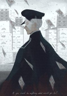 a drawing of a man in a black coat and hat with papers flying around him