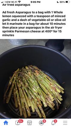 asparagus being cooked in a frying pan on the stove with an instagram post