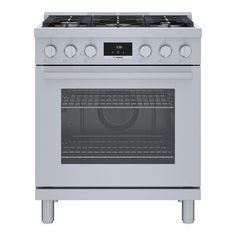 a stainless steel oven with two burners on the front and one in the back