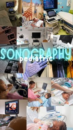 a collage of photos with the words sonoggraphy on them and images of babies in hospital beds