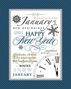 a new year's card with an image of a clock and snowflakes