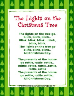 the lights on the christmas tree poem with green and white striped background, text below